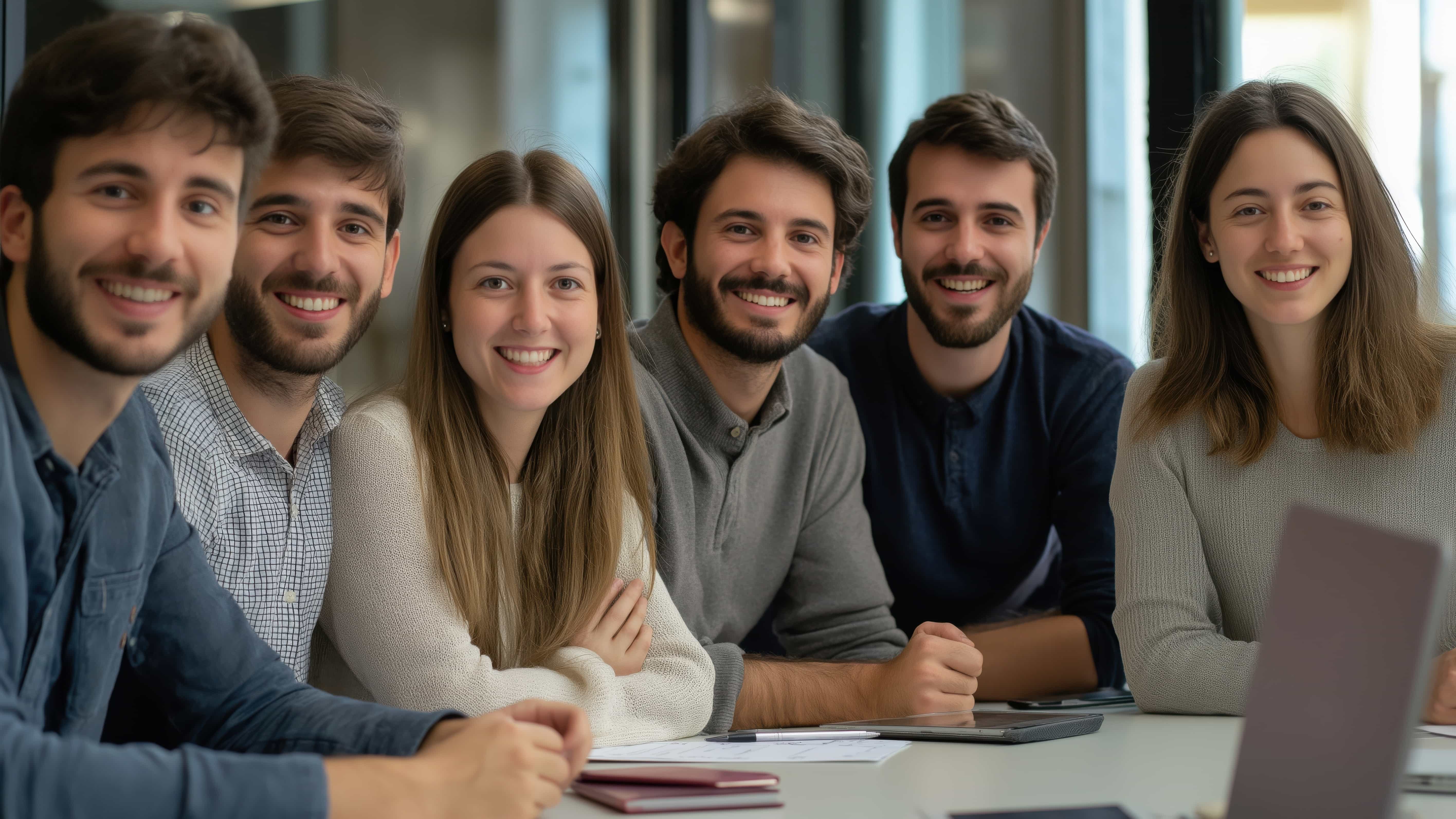 Professional team of six diverse members smiling at camera in modern office setting with glass windows and natural lighting, conveying trust, collaboration, and approachability